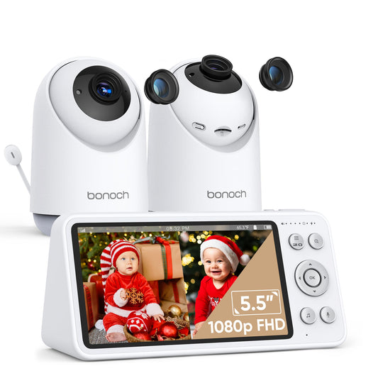 bonoch Baby Monitor with 2 Cameras - 1800ft Ultra Long Range Split Screen Dual Baby Monitor No WiFi with Camera and Audio 7800 mAh Auto Night Vision 110° Wide-Angle Recording & Playback VOX